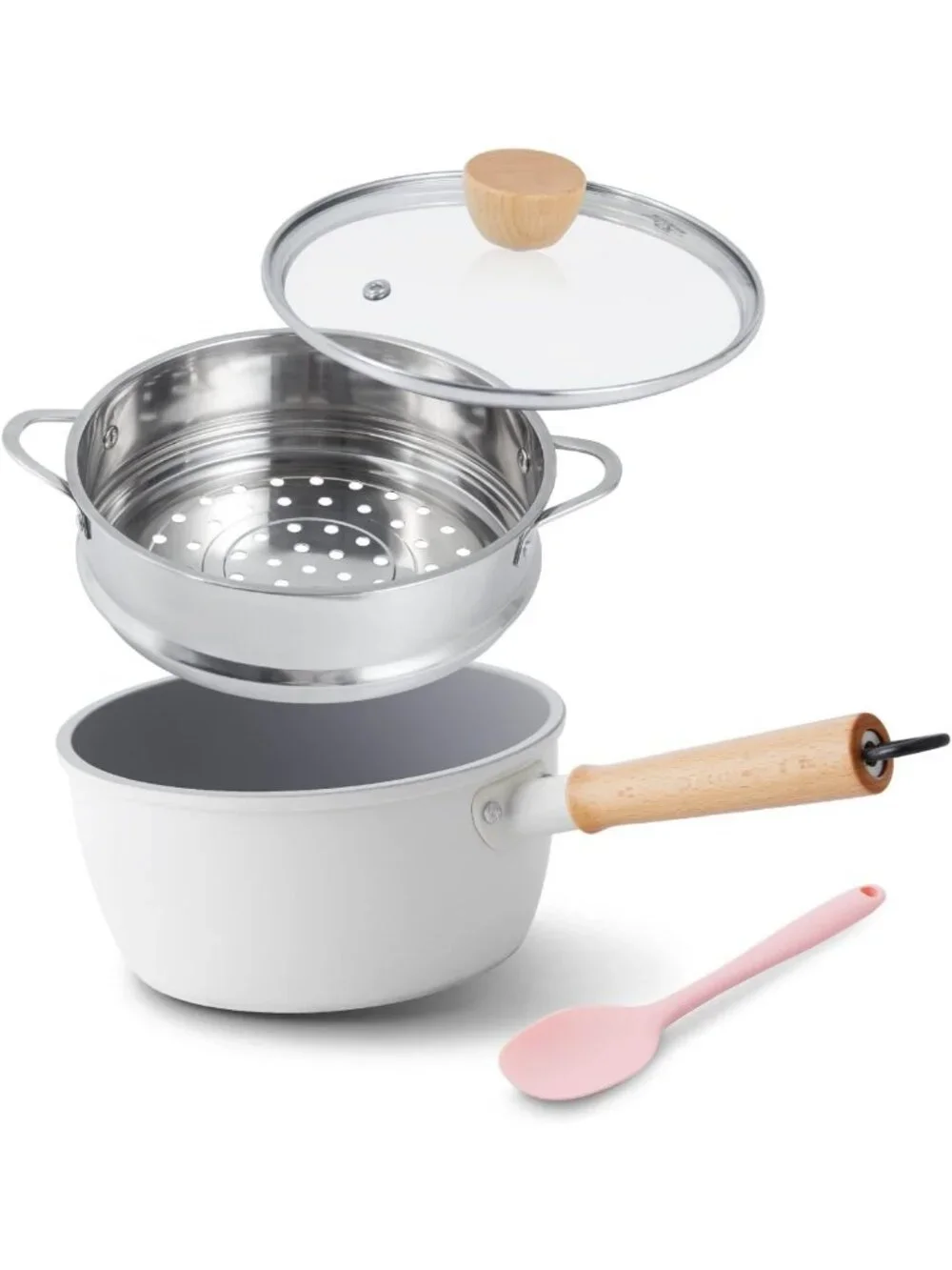 Nonstick Ceramic Saucepan with Lid & Steamer, 2 Quart Cooking Pot, Cool Touch